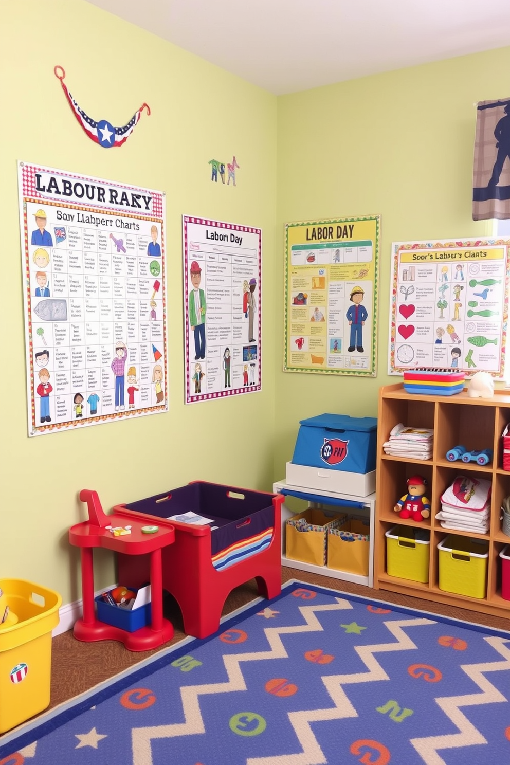 Create a vibrant playroom filled with fun and educational wall charts that celebrate Labor Day. The walls are adorned with colorful, engaging graphics showcasing various professions and their contributions, encouraging learning through play.