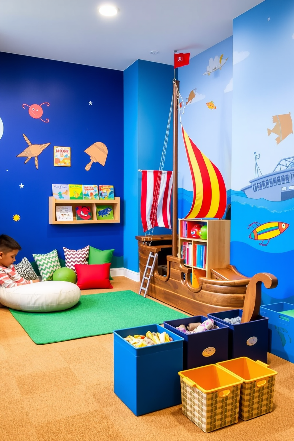 A vibrant playroom designed for themed play zones featuring a pirate ship corner with a wooden play structure and colorful sails. Adjacent to it, a cozy reading nook with bean bags and shelves filled with adventure books encourages imaginative storytelling. The walls are painted in bright primary colors with playful murals depicting various themes such as space and underwater exploration. Soft, durable flooring provides a safe play area, while decorative storage bins keep toys organized and easily accessible for endless fun.