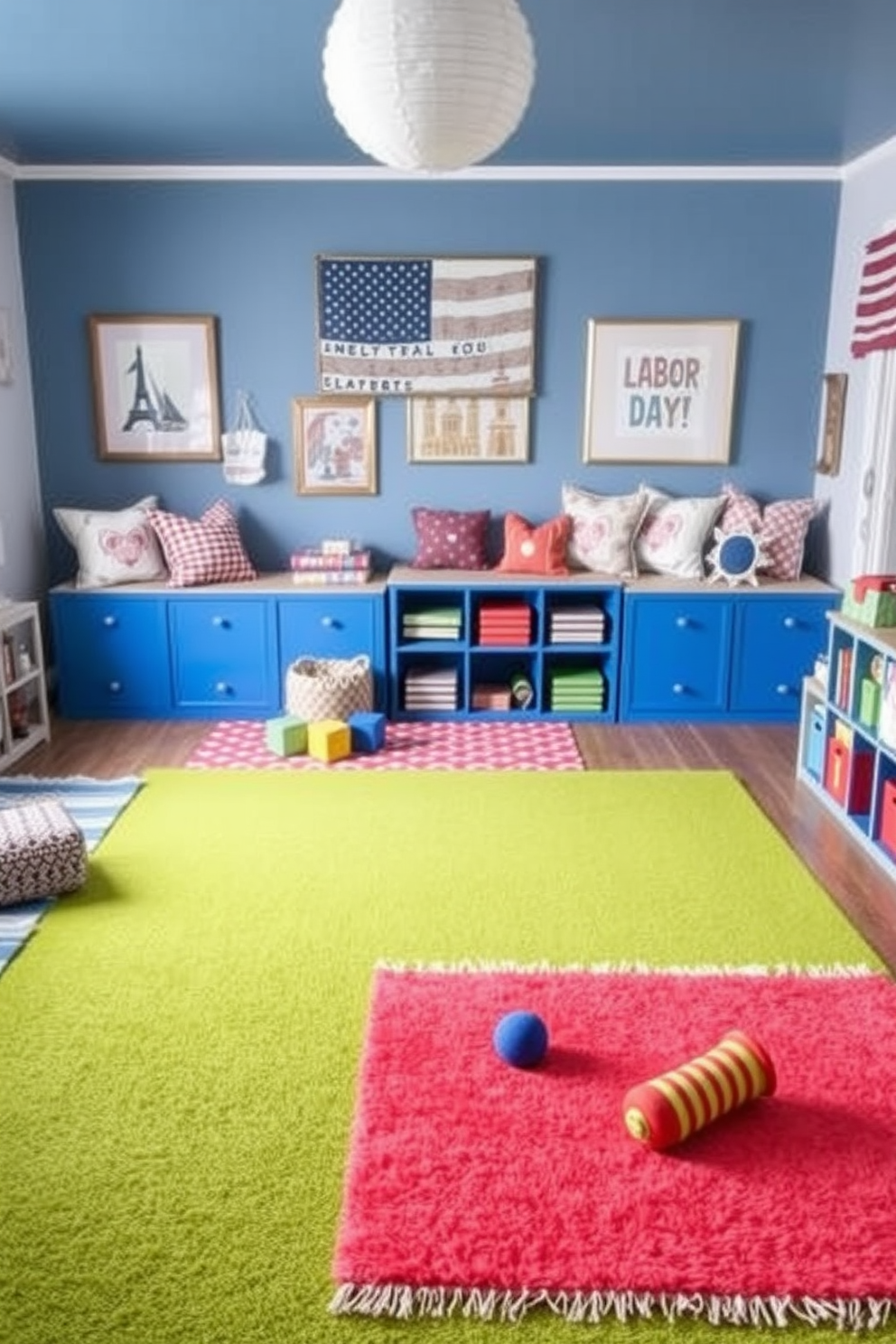 Bright rugs to define play areas create a vibrant and inviting atmosphere for children. The playroom features a mix of playful colors and patterns that stimulate creativity and fun. Labor Day playroom decorating ideas include incorporating seasonal decor that celebrates the holiday. Use decorative elements like themed cushions and wall art to enhance the festive spirit while maintaining a cozy environment.