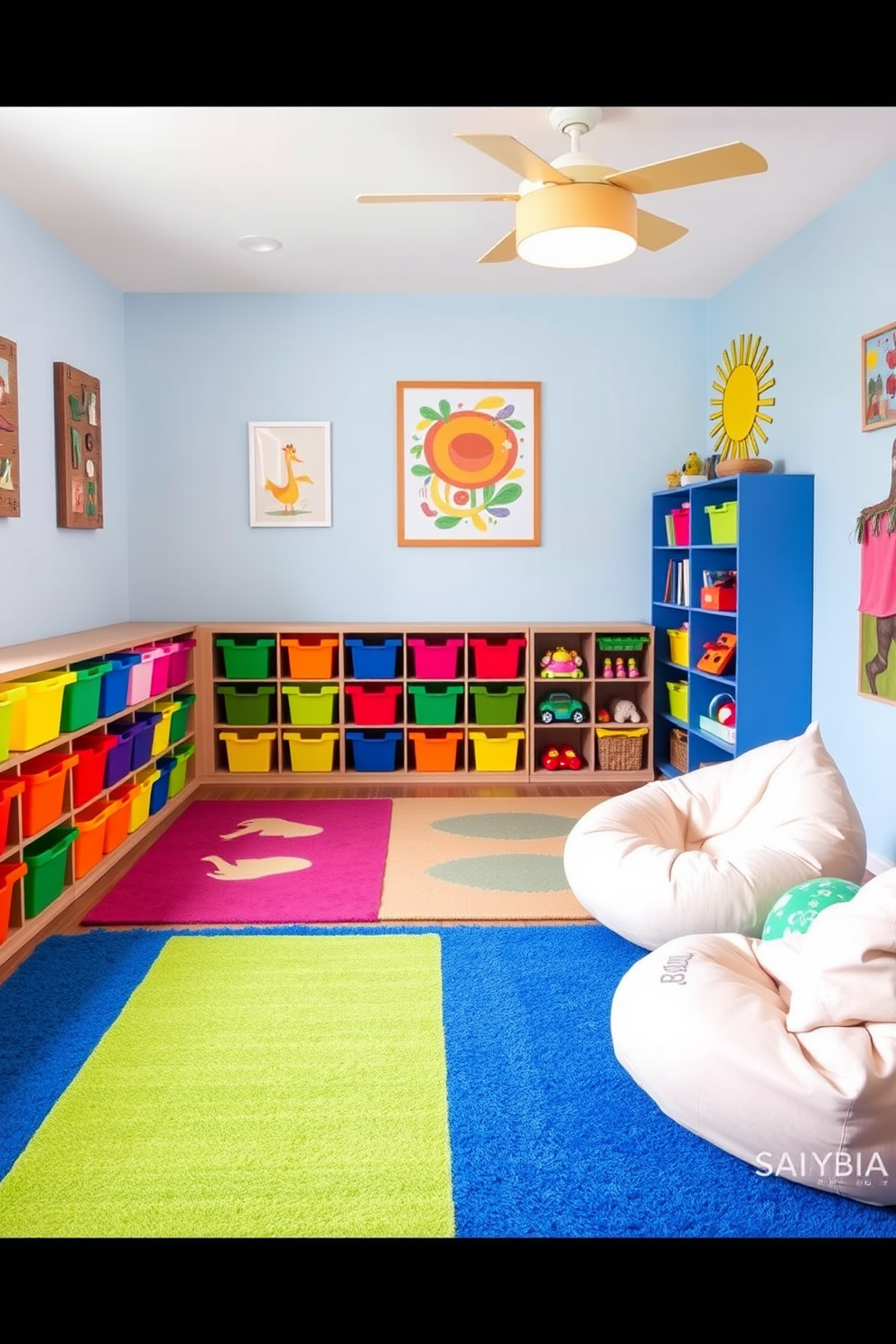 A vibrant playroom designed for fun and functionality. The space features colorful storage bins in various sizes neatly arranged along the walls for easy toy organization. Brightly colored rugs and playful wall art add a cheerful touch to the room. A cozy reading nook with bean bags invites children to relax and enjoy their favorite books.