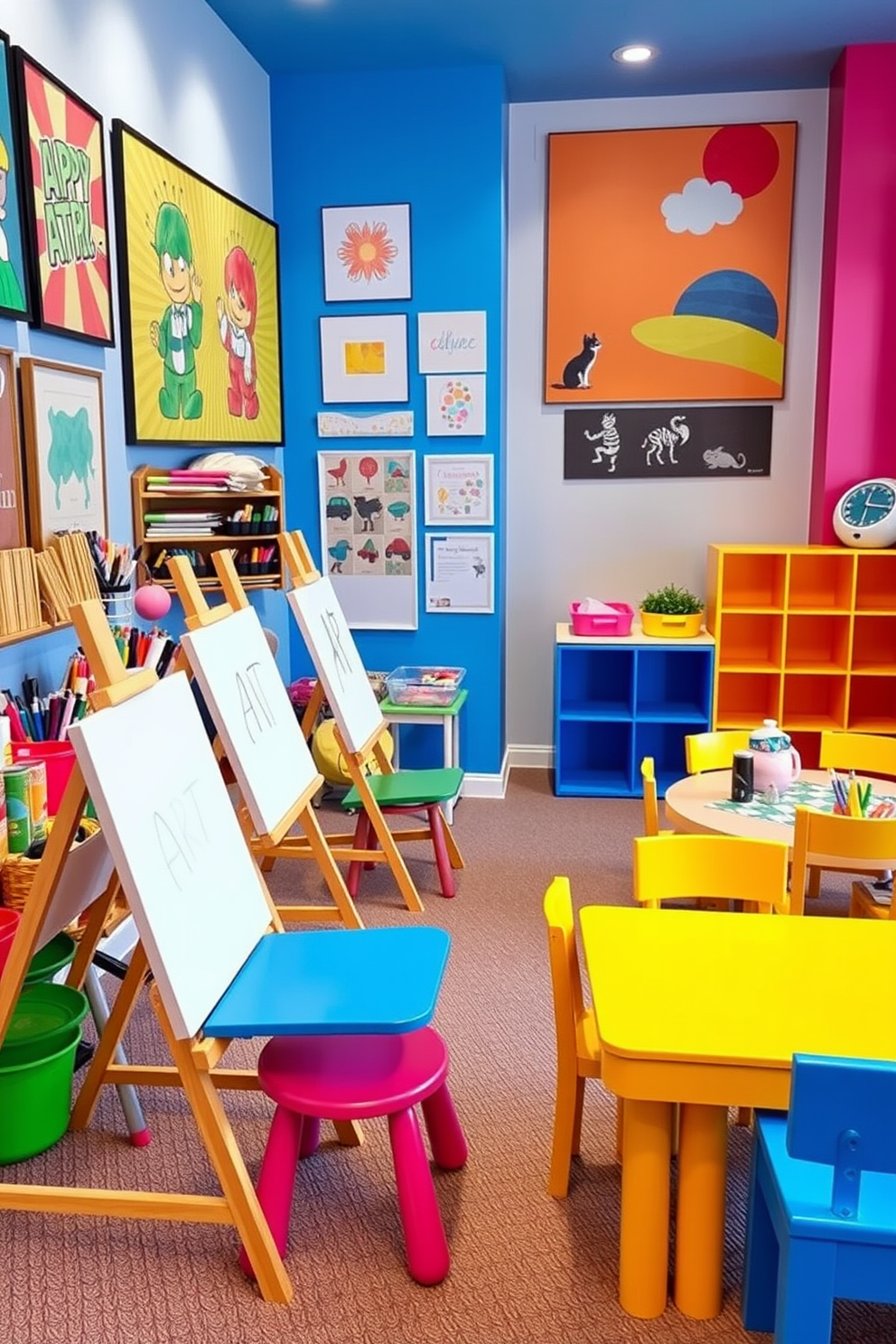 A vibrant art station filled with easels and an array of colorful supplies. The walls are adorned with inspiring artwork and the floor is covered in a soft, durable rug. A playful playroom designed for creativity and fun. Brightly colored furniture and playful decor elements create an inviting space for children to explore and enjoy.