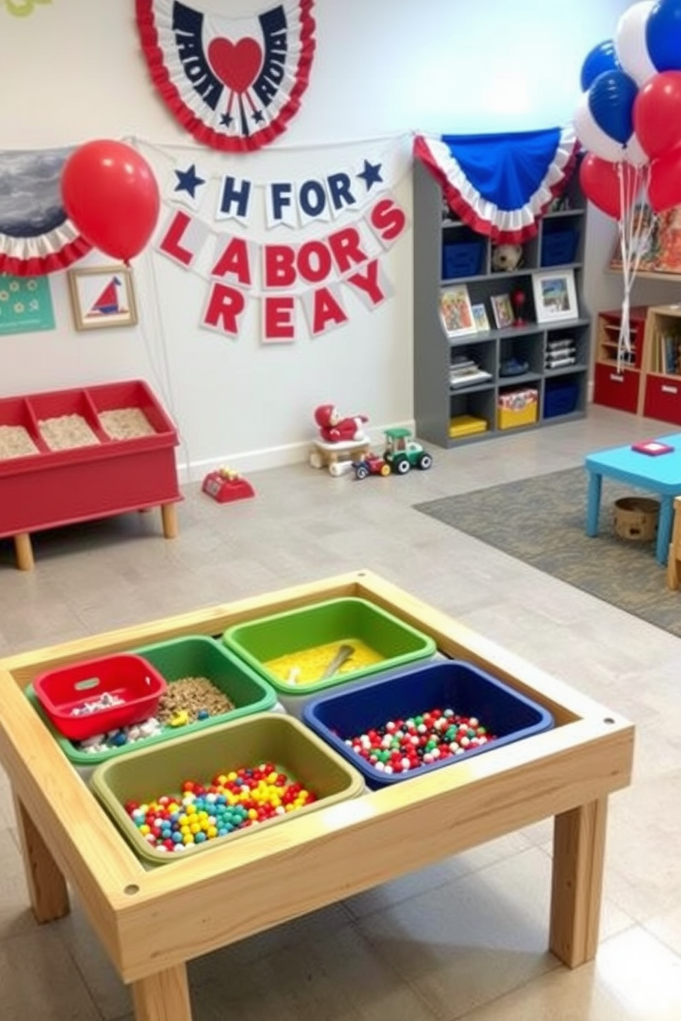 A sensory play table designed for hands-on activities features a sturdy wooden base with a smooth, child-safe surface. Colorful bins filled with various tactile materials like sand, water beads, and textured fabrics invite children to explore and create. For Labor Day, the playroom is decorated with a festive theme incorporating red, white, and blue colors. Banners and balloons add a cheerful atmosphere, while themed toys and books encourage playful learning about the holiday's significance.