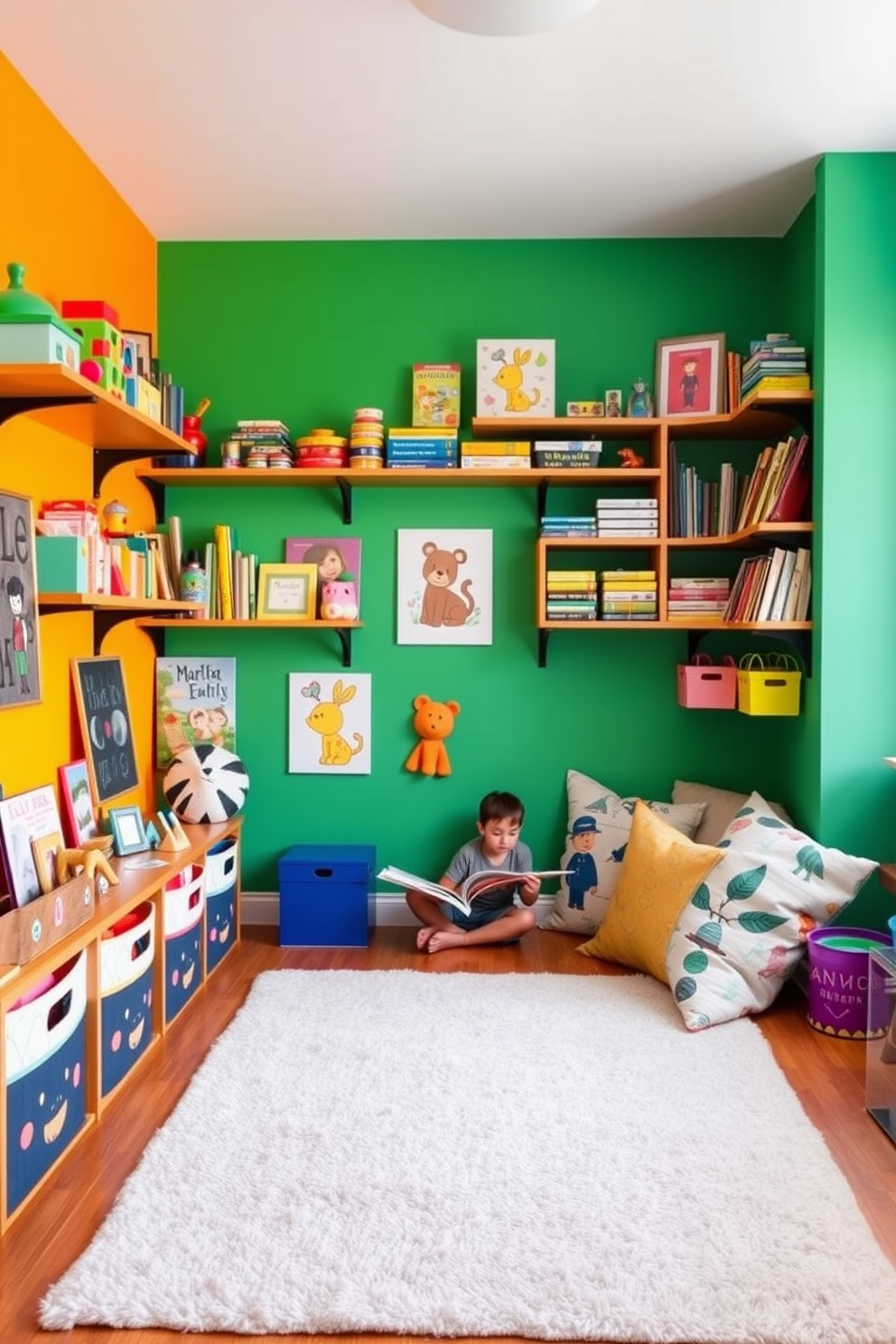 A vibrant playroom filled with creativity and fun. The walls are painted in bright primary colors, and wall-mounted shelves are adorned with an array of toys, books, and art supplies for easy access and display. A cozy reading nook is created with a soft rug and oversized cushions. The space features playful artwork and decorative bins for organized storage, making it an inviting area for children to enjoy.