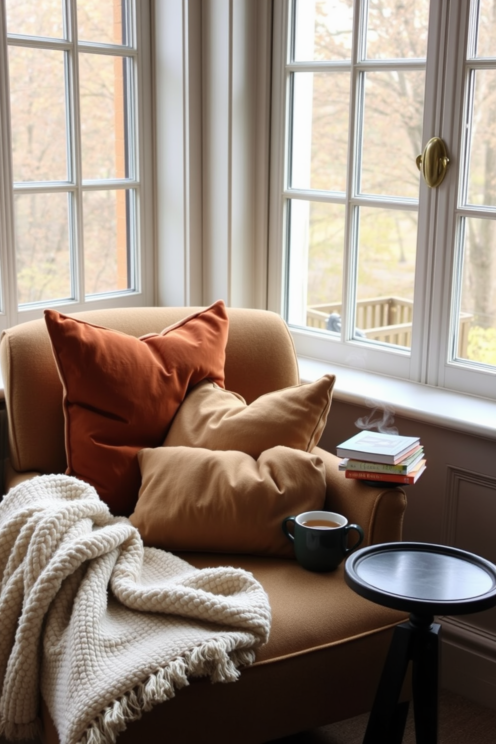 A cozy armchair is positioned by a large window, allowing natural light to fill the space. Soft cushions in warm tones are placed on the chair, creating an inviting atmosphere for relaxation. Next to the armchair, a small side table holds a stack of books and a steaming cup of tea. A plush throw blanket drapes over the armrest, adding an extra layer of comfort to the reading nook.