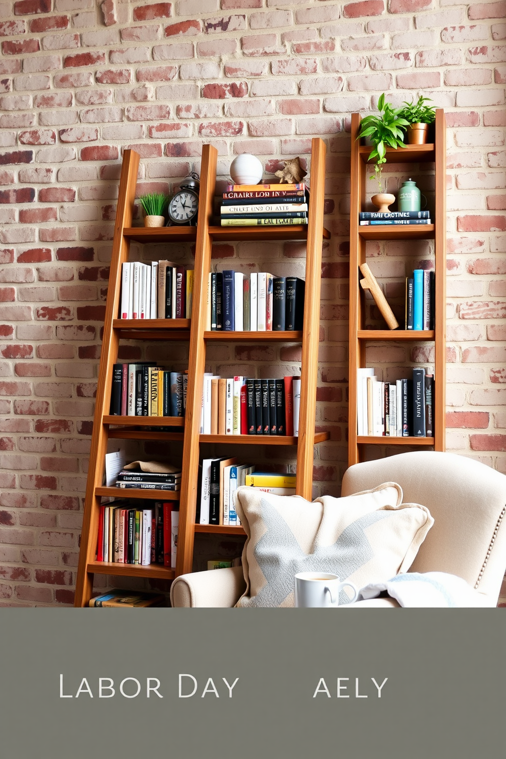 A ladder bookshelf made of reclaimed wood leans against a textured brick wall. It is filled with an eclectic mix of books and decorative items, creating a warm and inviting atmosphere. Cozy cushions and a soft throw blanket are arranged on a vintage armchair beside the bookshelf. A small side table holds a steaming cup of coffee and a small potted plant, perfect for a relaxing Labor Day reading nook.