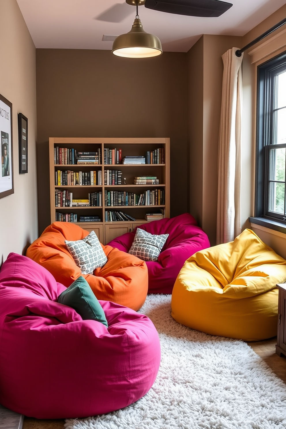 A cozy reading nook featuring overstuffed bean bags in vibrant colors for ultimate comfort. The space is adorned with soft lighting, a small bookshelf filled with favorite reads, and a plush rug underfoot to create a warm and inviting atmosphere.