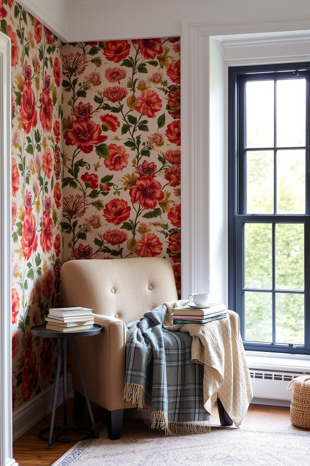 Accent wall with wallpaper design. The wall features a bold floral pattern in vibrant colors that adds a focal point to the room. Soft ambient lighting highlights the texture of the wallpaper, creating a warm and inviting atmosphere. Labor Day Reading Nook Decorating Ideas. A cozy armchair is positioned next to a large window, draped with a soft throw blanket. A small side table holds a stack of books and a steaming cup of tea, perfect for a relaxing afternoon.