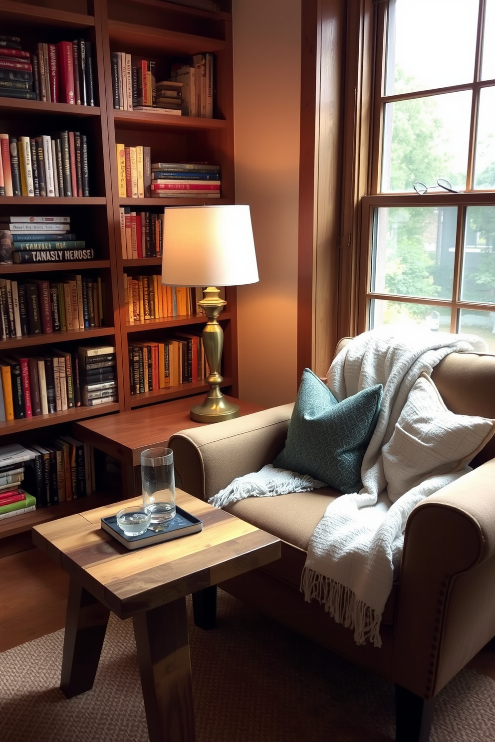 A cozy reading nook features a small side table for drinks placed beside a plush armchair. The table is made of reclaimed wood with a natural finish, and a stylish lamp sits on top, casting a warm glow. Surrounding the nook are shelves filled with books and a soft throw blanket draped over the armchair. A large window allows natural light to flood in, enhancing the inviting atmosphere perfect for Labor Day relaxation.