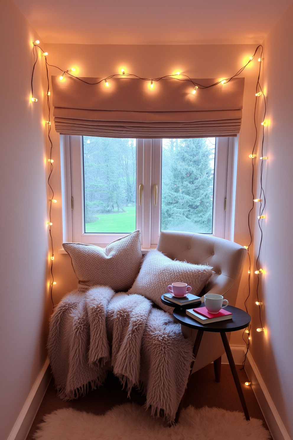 A cozy reading nook adorned with soft cushions and a plush throw blanket. The space is illuminated by warm fairy lights draped around the window, creating a magical ambiance. A comfortable armchair sits in the corner, paired with a small side table holding a stack of books and a steaming cup of tea. The walls are painted in a soothing pastel color, enhancing the inviting atmosphere of the nook.