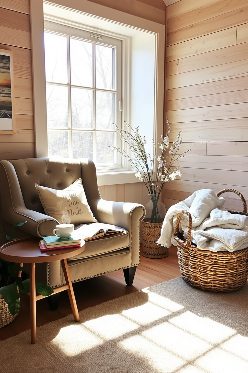 A cozy reading nook featuring natural wood accents that create a warm and inviting atmosphere. A plush armchair is positioned next to a large window, bathed in soft natural light, with a small wooden side table holding a stack of books and a steaming cup of tea. The walls are adorned with light-colored wooden panels, enhancing the rustic charm of the space. A woven basket filled with soft blankets is placed nearby, inviting relaxation and comfort during Labor Day weekend reading sessions.