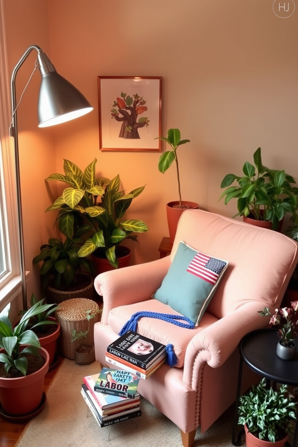 A cozy reading nook decorated for Labor Day features a comfortable armchair upholstered in soft, warm tones. Surrounding the chair are potted plants of varying heights, adding a fresh and vibrant touch to the space. The nook is illuminated by a stylish floor lamp that casts a warm glow, creating an inviting atmosphere. A small side table holds a stack of books and a festive Labor Day-themed decoration, enhancing the seasonal charm.