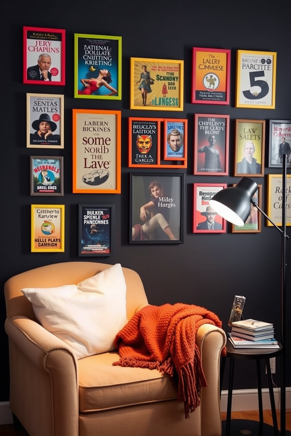 A gallery wall displays an array of favorite book covers in vibrant frames. The wall is complemented by a cozy reading nook featuring a plush armchair and a small side table. The reading nook is adorned with soft throw pillows and a warm blanket draped over the armchair. A stylish floor lamp provides ample light for enjoying books on lazy afternoons.