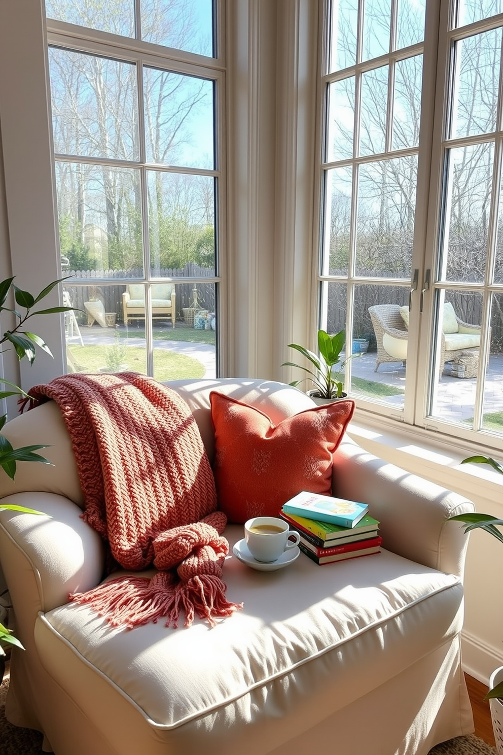 A cozy nook in a sunroom features a plush oversized armchair upholstered in soft pastel fabric. Sunlight streams through large windows, illuminating a small side table stacked with colorful books and a steaming cup of tea. Decorated with vibrant throw pillows and a warm knitted blanket, this reading nook invites relaxation. Potted plants in the corners add a touch of greenery, enhancing the tranquil atmosphere perfect for Labor Day leisure.