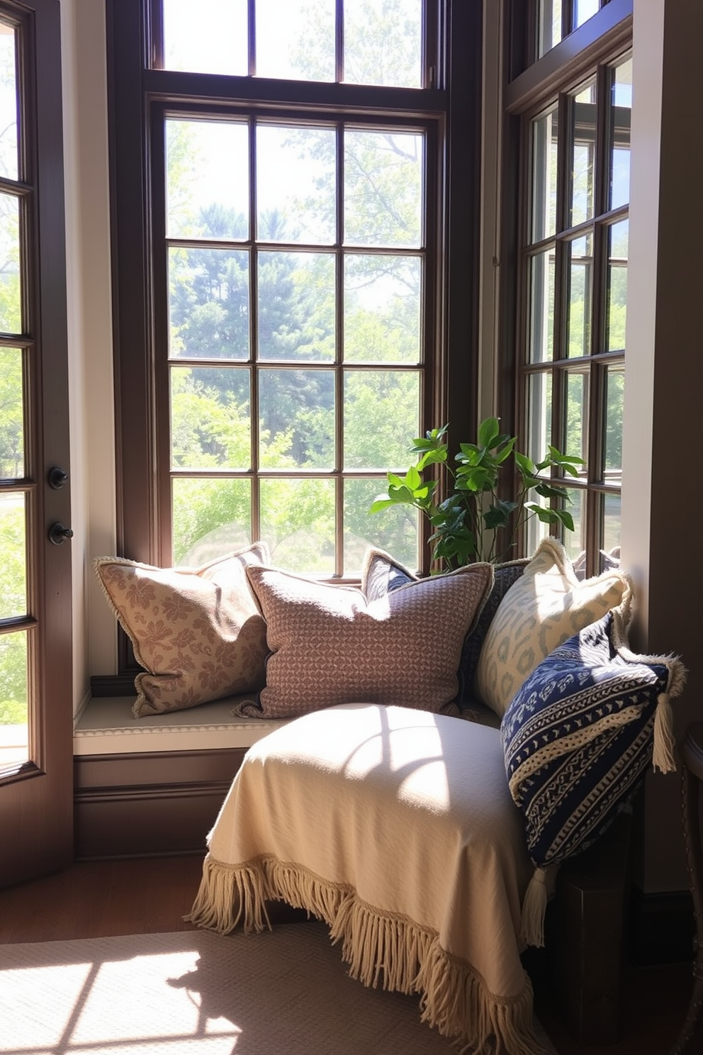 A cozy window seat adorned with an array of decorative pillows in various textures and colors. The sunlight streams in, creating a warm and inviting atmosphere for a perfect Labor Day reading nook.