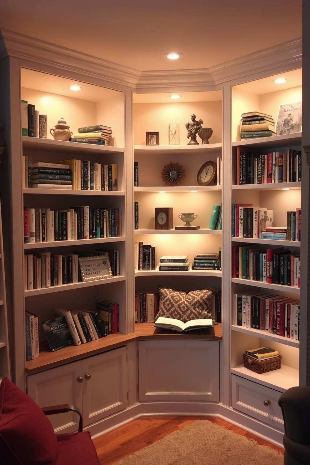 A cozy reading nook featuring built-in shelves that are illuminated with soft, warm lighting. The shelves are filled with an array of books and decorative items, creating an inviting atmosphere for relaxation and enjoyment.