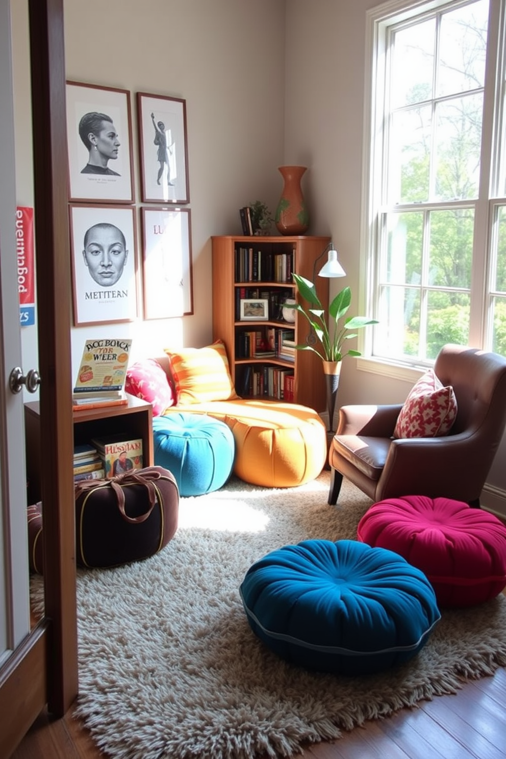 A cozy reading nook featuring colorful poufs for additional seating. The nook is adorned with a plush area rug, a small bookshelf filled with books, and a comfortable armchair positioned next to a large window allowing natural light to flood the space.