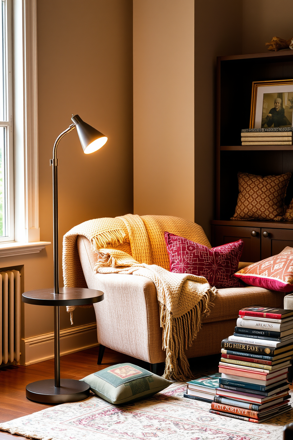 Artistic floor lamp for ambiance. A sleek and modern floor lamp stands in the corner of a cozy living room, casting a warm glow over a plush armchair and a small side table. Labor Day reading nook decorating ideas. A comfortable reading nook is created with a soft oversized chair, layered throw blankets, and an array of colorful cushions, inviting relaxation with a stack of books nearby.