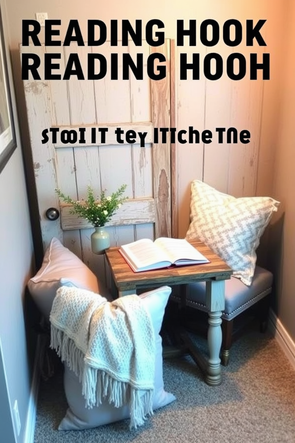 A cozy reading nook featuring a repurposed door transformed into a rustic reading table. Surrounding the table, there are plush cushions and a soft throw blanket, creating an inviting atmosphere for relaxation.