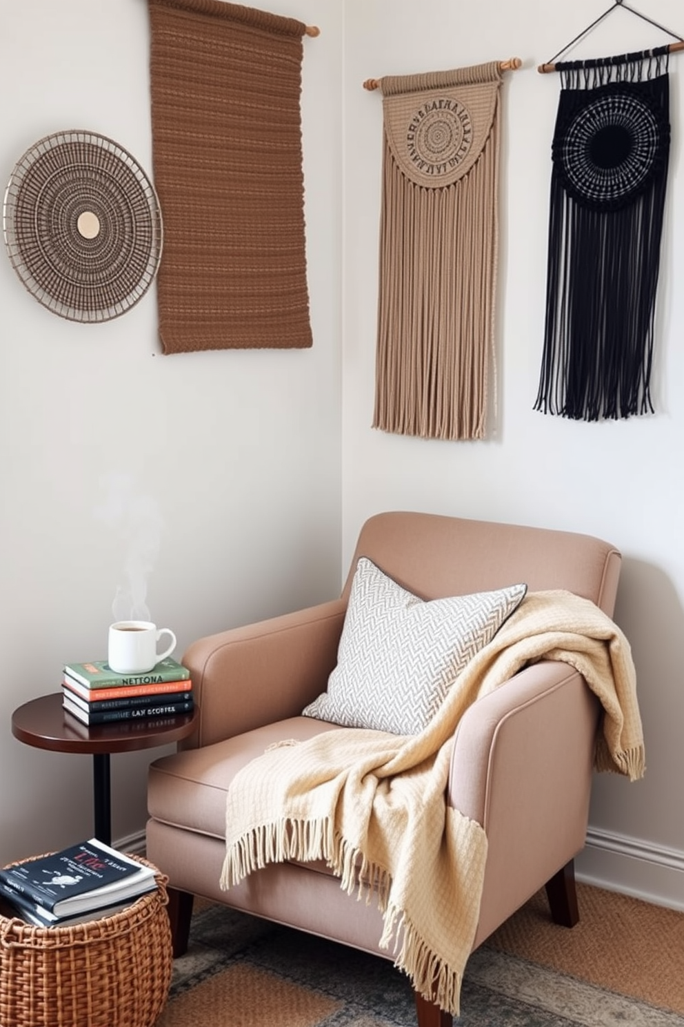 A cozy reading nook featuring a plush armchair upholstered in soft fabric. The walls are adorned with textured wall hangings that add depth and interest to the space. A small side table holds a stack of books and a steaming cup of coffee. A warm, inviting throw blanket drapes over the armchair, creating a perfect spot for relaxation during Labor Day.