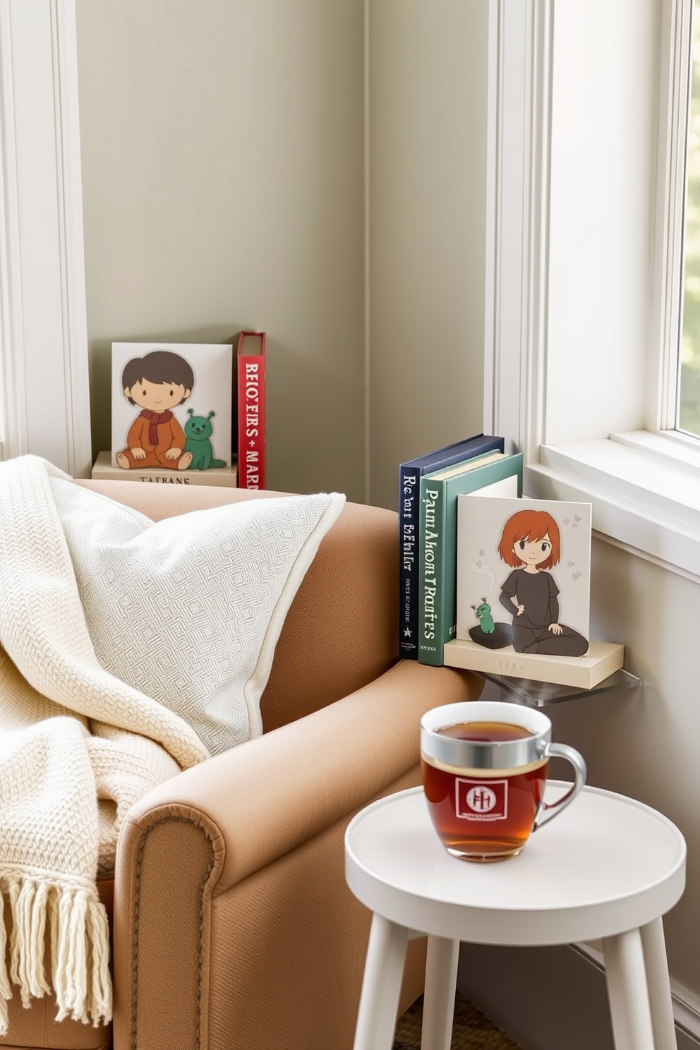 Create a cozy reading nook that features personalized bookends showcasing unique character designs. The nook includes a comfortable armchair with a soft throw blanket and a small side table topped with a steaming cup of tea.