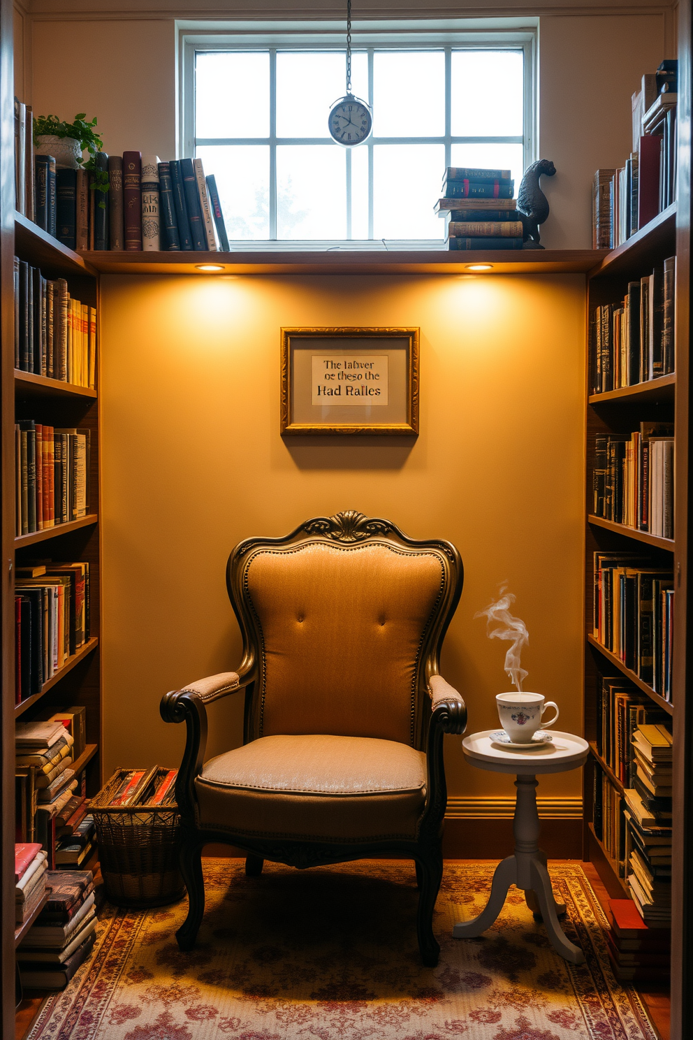 A charming antique chair is positioned in a cozy reading nook adorned with soft, warm lighting. Surrounding the chair are shelves filled with well-loved books and a small side table holding a steaming cup of tea.