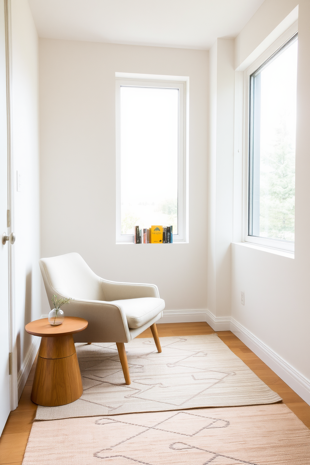 A minimalist reading nook featuring clean lines and a serene atmosphere. The space includes a sleek, low-profile armchair in a neutral color, paired with a simple wooden side table. Natural light floods in through a large window, illuminating a small bookshelf filled with curated reads. A soft area rug in muted tones anchors the space, creating a cozy and inviting spot for relaxation.