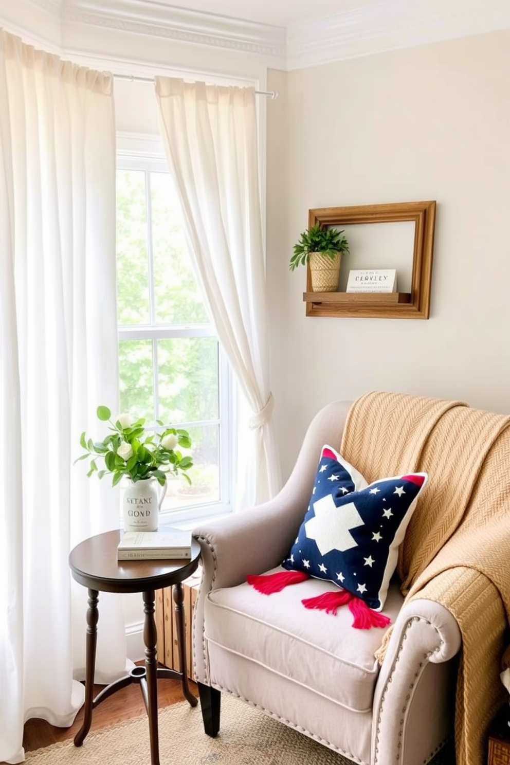 A cozy reading nook featuring soft curtains that gently filter natural light, creating a serene atmosphere. The nook is adorned with a plush armchair and a small side table, perfect for holding a warm cup of tea and your favorite book. Decorated with seasonal touches for Labor Day, the space includes patriotic accents like red, white, and blue throw pillows and a woven blanket. A small bookshelf nearby showcases a curated selection of summer reads, inviting relaxation and enjoyment.