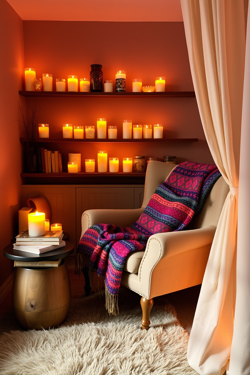 A cozy reading nook filled with aromatic candles creating a warm and inviting atmosphere. A plush armchair is positioned next to a small side table, adorned with a stack of books and a glowing candle. The nook features soft, ambient lighting that enhances the tranquil vibe. A colorful throw blanket drapes over the armchair, inviting relaxation and comfort.