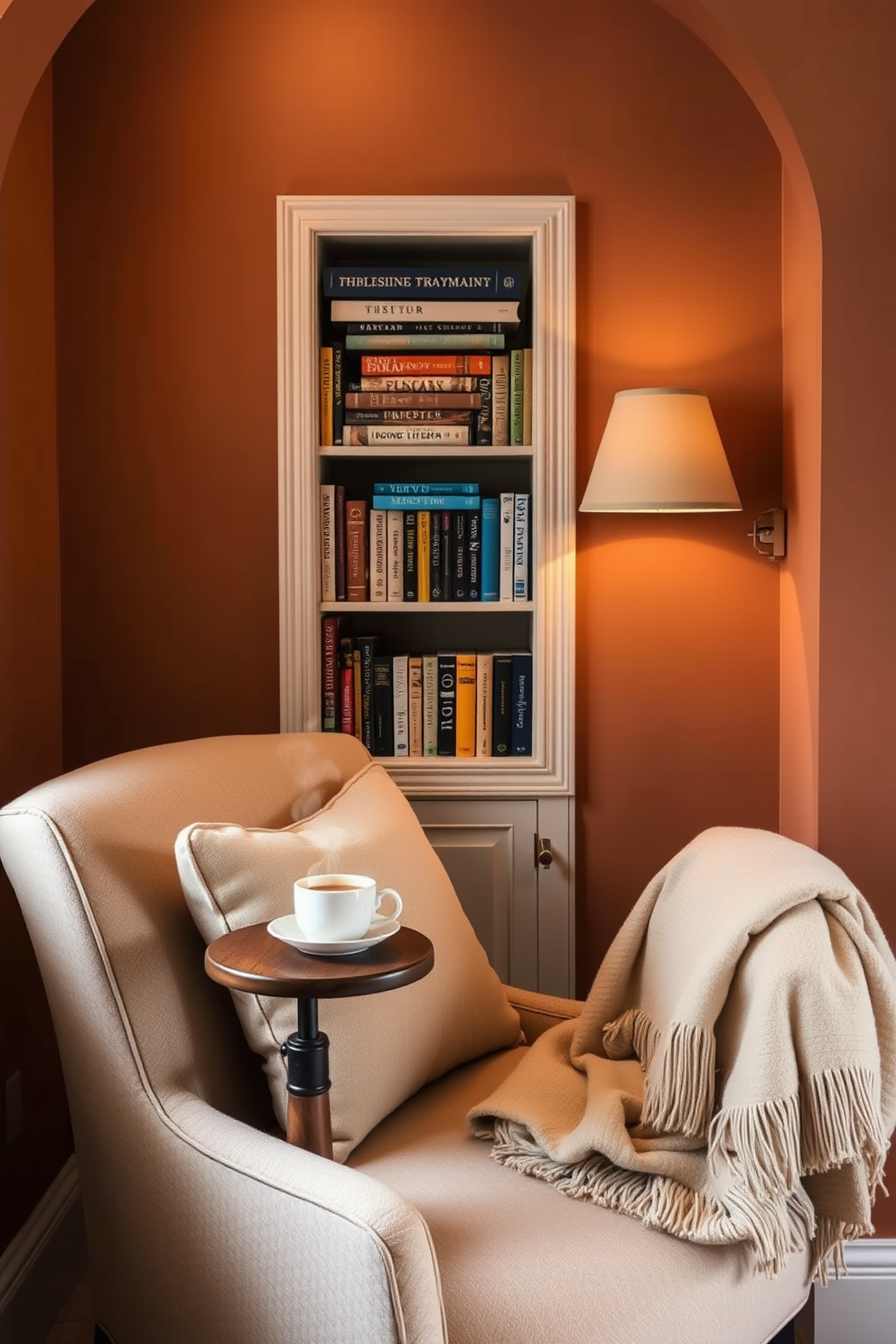 A charming reading nook nestled in a cozy alcove. It features a plush armchair upholstered in soft fabric, paired with a small wooden side table holding a steaming cup of tea. The walls are adorned with warm, earthy tones, creating an inviting atmosphere. A built-in bookshelf filled with colorful novels and a soft throw blanket draped over the chair complete the serene space.