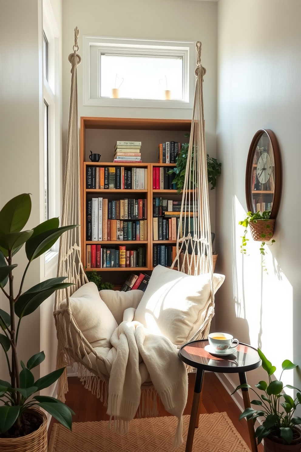 A cozy reading nook featuring a hammock chair suspended from the ceiling, surrounded by plush pillows and a soft throw blanket. Natural light streams in from a nearby window, illuminating a small bookshelf filled with favorite novels and a side table holding a steaming cup of tea. The walls are painted in a calming pastel hue, creating a serene atmosphere perfect for unwinding. Decorative plants are placed around the nook, adding a touch of greenery and enhancing the relaxing vibe.