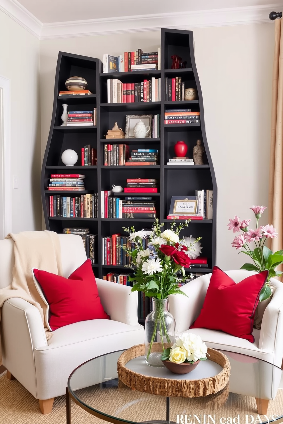 A sculptural bookshelf serves as the focal point of the room, showcasing an array of colorful books and unique decorative objects. Surrounding the bookshelf, a cozy reading nook is created with a plush armchair and a soft throw blanket, inviting relaxation and creativity. For Labor Day decorating ideas, the space is adorned with seasonal accents such as red, white, and blue cushions and a festive table centerpiece. Fresh flowers in a rustic vase add a touch of natural beauty, enhancing the overall patriotic theme of the reading nook.