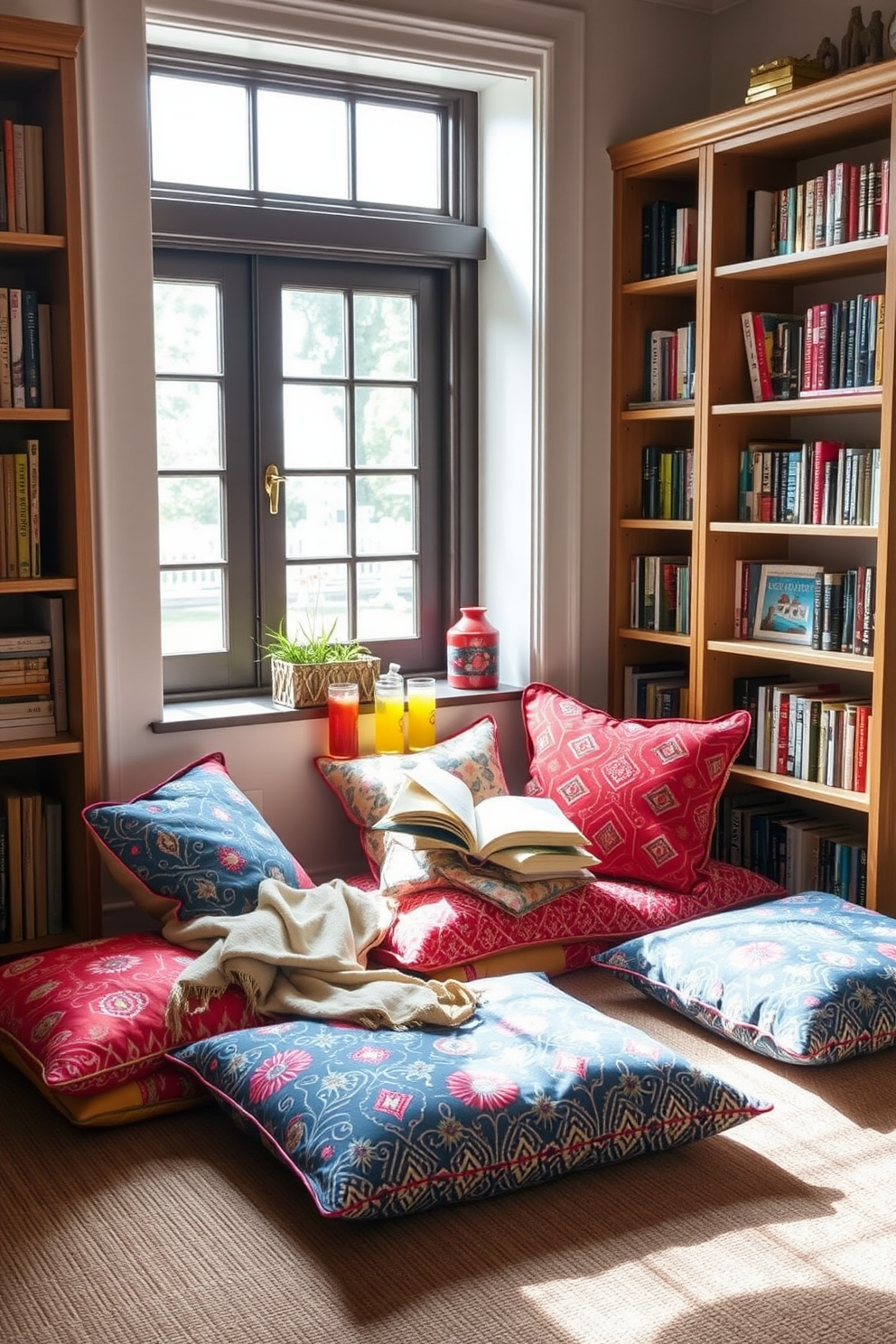 A cozy reading nook designed for Labor Day celebrations features a selection of floor cushions adorned with vibrant patterns in shades of red, blue, and yellow. Surrounding the cushions are bookshelves filled with summer reads and a small side table holding refreshing beverages. Natural light pours in from a nearby window, illuminating the space and creating a warm and inviting atmosphere. A soft throw blanket is draped over one of the cushions, adding an extra layer of comfort for those lounging and enjoying their favorite books.