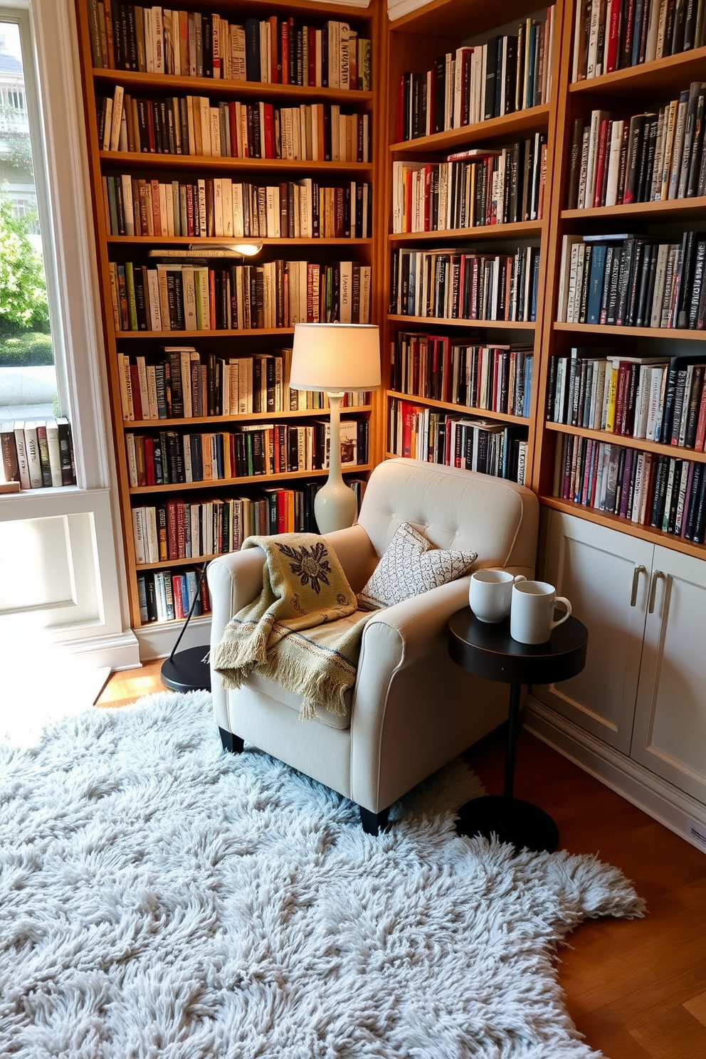 A cozy reading corner features a plush, oversized rug that adds warmth to the space. Nestled in the corner is a comfortable armchair upholstered in soft fabric, accompanied by a small side table holding a steaming cup of tea. Surrounded by tall bookshelves filled with an array of books, the nook is illuminated by a stylish floor lamp. A decorative throw blanket drapes over the armchair, inviting you to settle in and enjoy a good read.