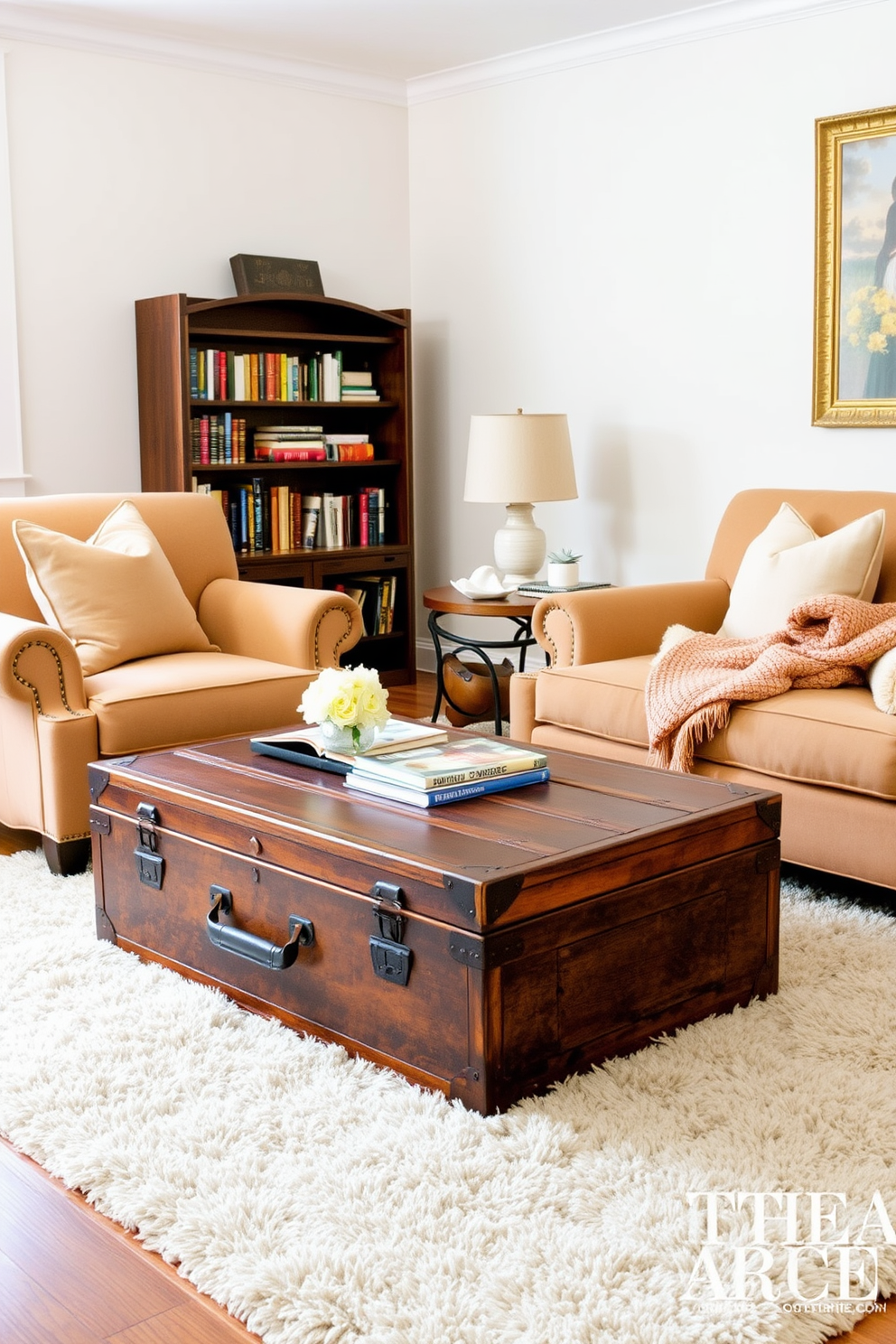 A vintage trunk serves as a unique coffee table in a cozy living room. It is surrounded by a plush area rug and complemented by a pair of comfortable armchairs in warm, inviting tones. The reading nook is adorned with soft pillows and a warm throw blanket draped over the armchair. A small bookshelf filled with favorite novels sits nearby, creating an inviting atmosphere perfect for leisurely afternoons.