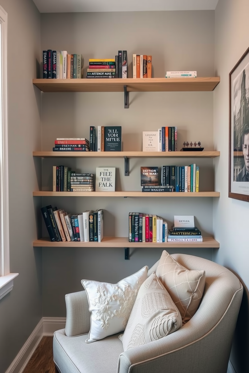 A cozy reading nook features wall-mounted bookshelves that maximize space and create an inviting atmosphere. The shelves are filled with a curated selection of books, and a comfortable armchair is positioned nearby, adorned with soft cushions for added comfort.