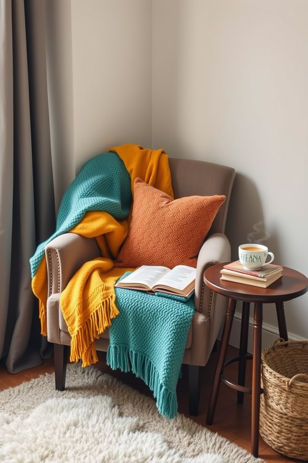 A cozy reading nook featuring a comfortable armchair adorned with soft throw blankets in bright colors. A small side table holds a stack of books and a steaming cup of tea, inviting relaxation and enjoyment.