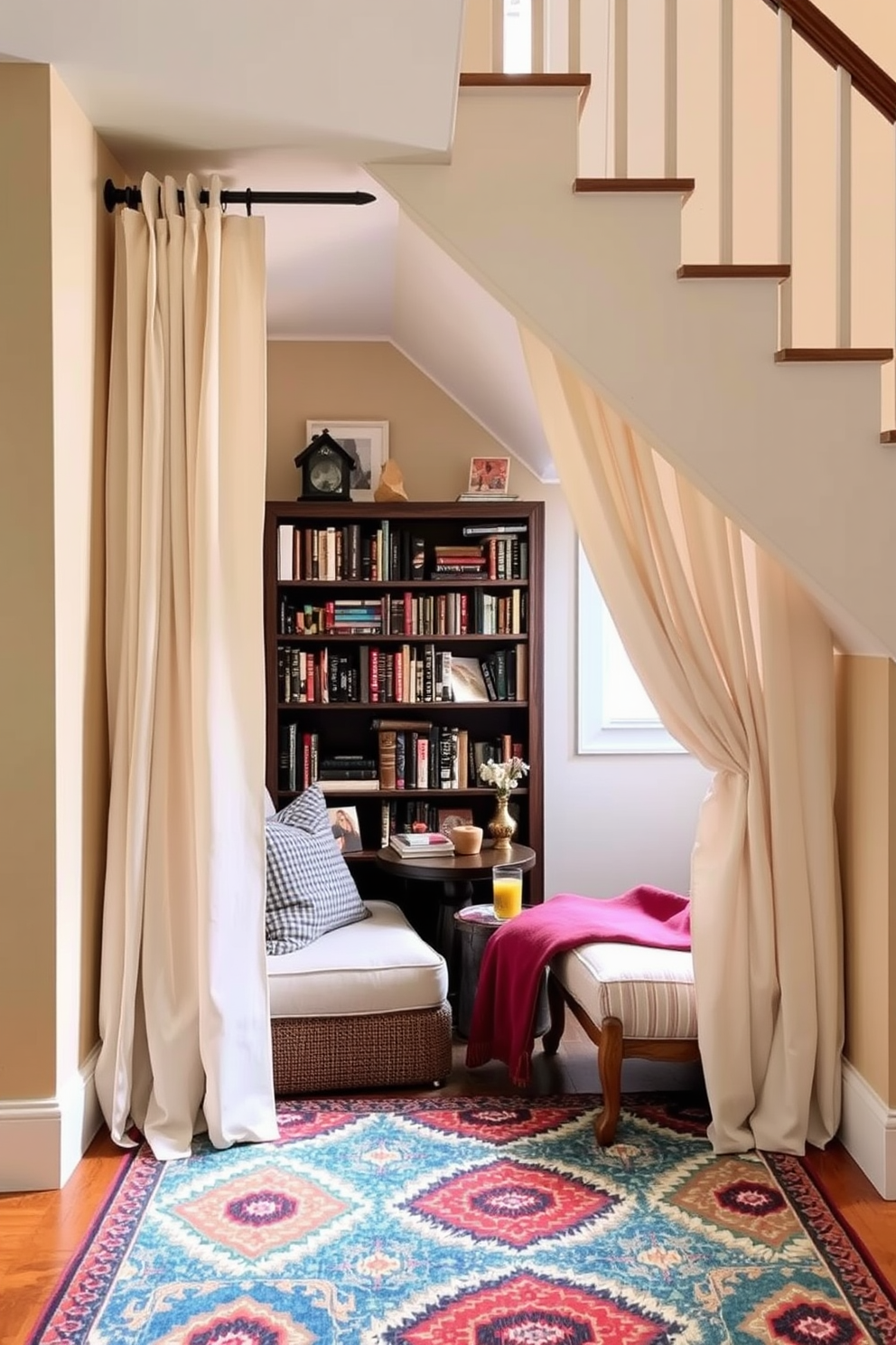 A cozy nook under the stairs is designed for relaxation and reading. Soft curtains frame the space, creating an inviting atmosphere with plush cushions and a small bookshelf filled with favorite novels. The nook is adorned with warm lighting and a small side table for drinks or snacks. A vibrant area rug adds a pop of color, making it the perfect spot to unwind on Labor Day.