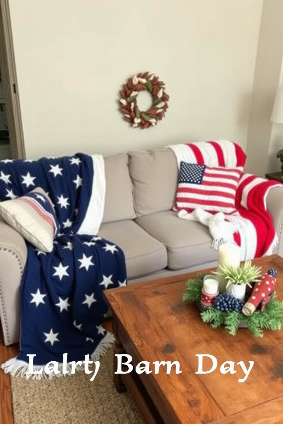 Cozy throw blankets in patriotic colors are draped over a plush sofa, inviting relaxation and warmth. The small living room features a rustic coffee table adorned with seasonal decor, creating a festive atmosphere for Labor Day gatherings.