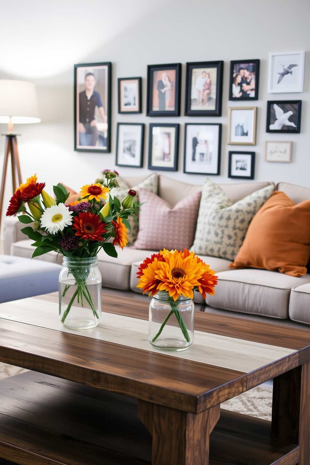 Seasonal flowers in mason jar vases are arranged on a rustic wooden coffee table. The living room features a cozy seating area with a plush sofa adorned with throw pillows in warm autumn colors. In the background, a gallery wall displays framed art and family photos, adding a personal touch. Soft lighting from a stylish floor lamp creates an inviting atmosphere perfect for relaxation during Labor Day celebrations.