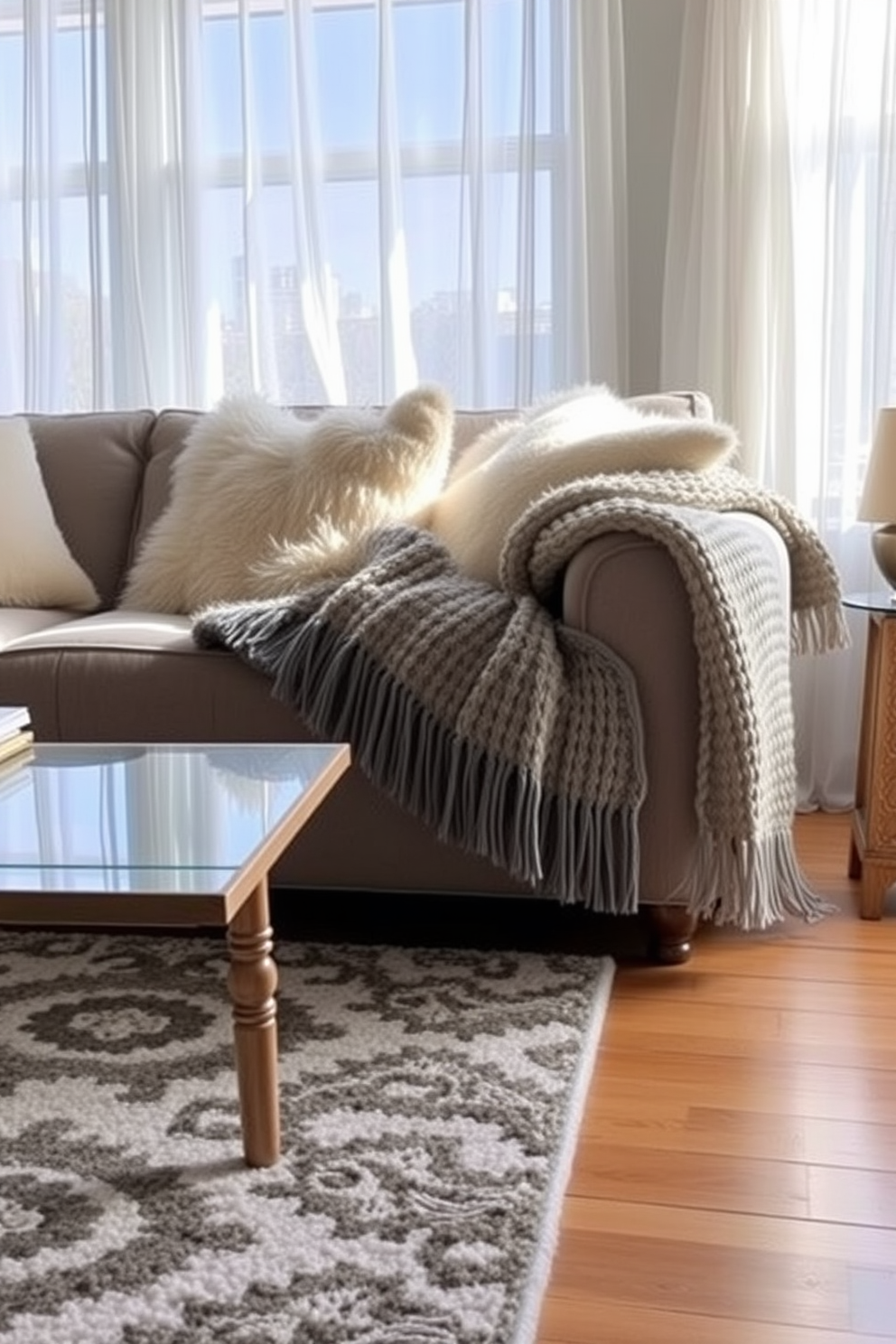 A cozy living room featuring layered textures and soft fabrics. Plush throw pillows in various shades are scattered across a comfortable sofa, complemented by a chunky knit blanket draped over the armrest. A stylish area rug anchors the seating arrangement, adding warmth to the hardwood floor. Natural light filters through sheer curtains, enhancing the inviting atmosphere of the space.