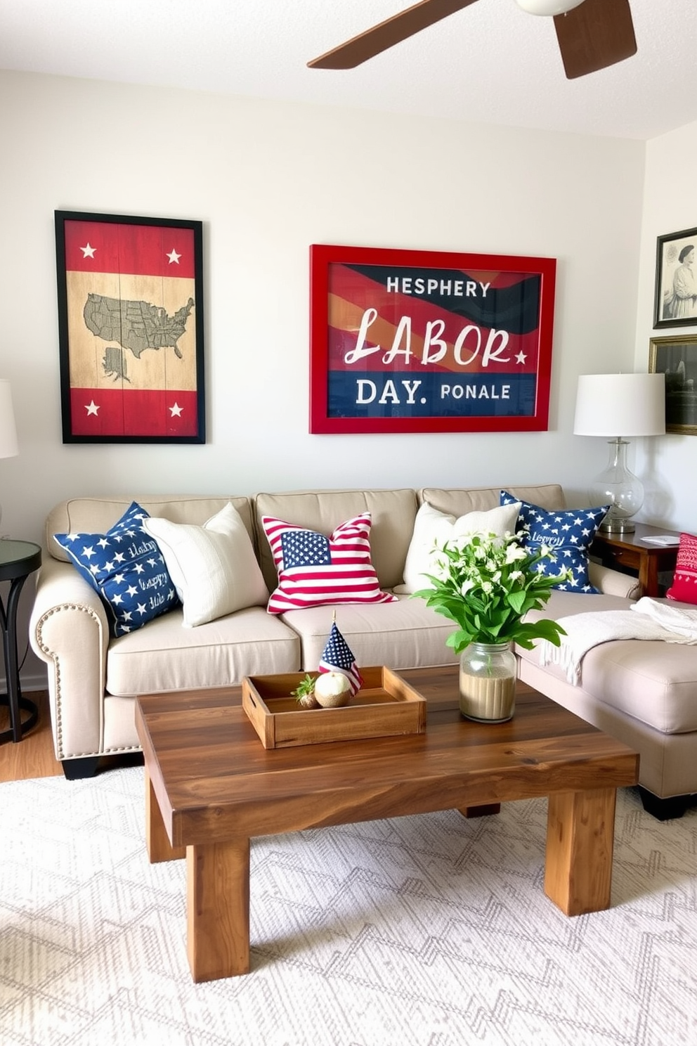 A small living room decorated for Labor Day features patriotic-themed artwork on the walls that celebrate American pride. The space includes a cozy sofa adorned with red, white, and blue throw pillows, complemented by a rustic coffee table made from reclaimed wood.