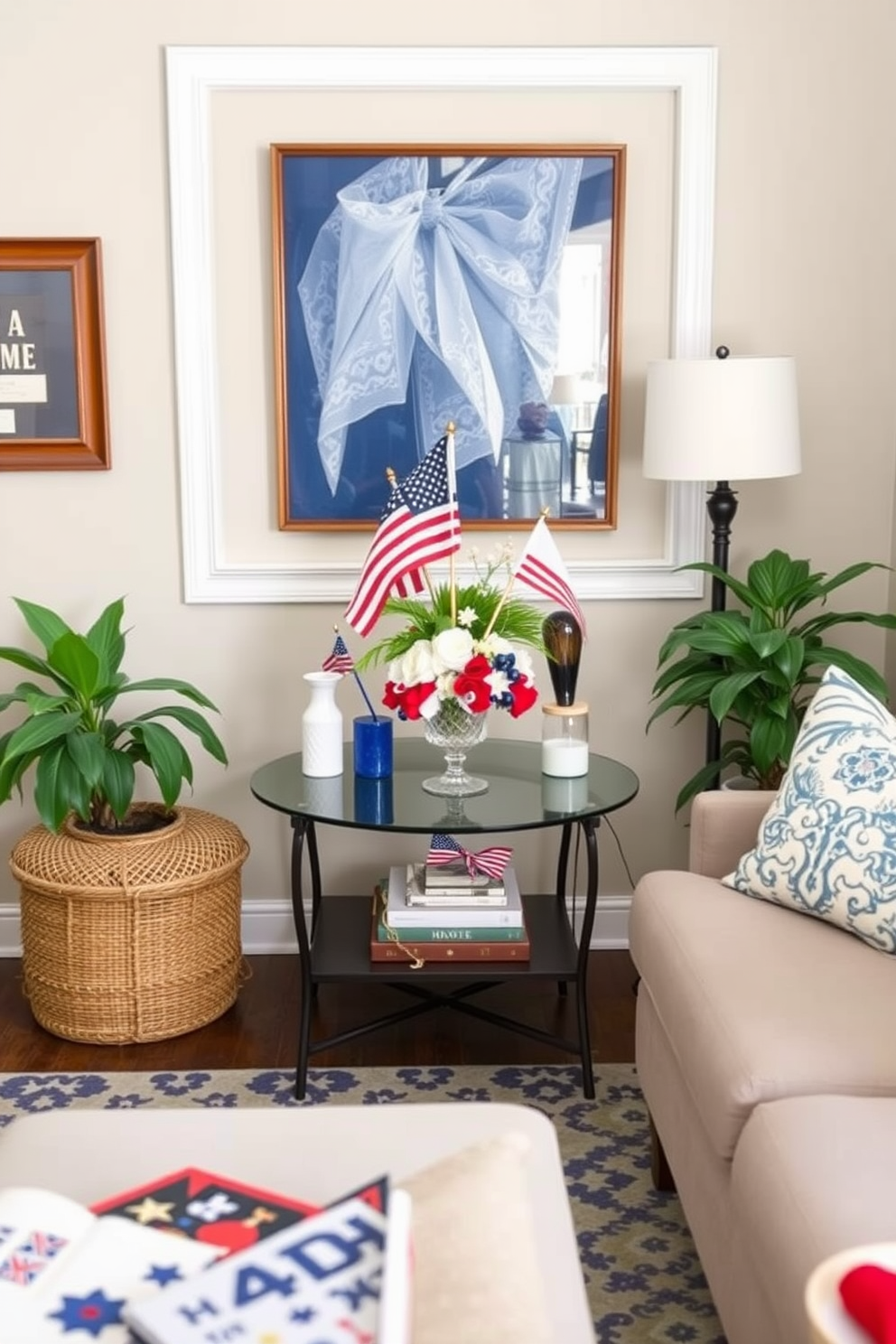 A charming small living room featuring an accent table adorned with red white and blue decor for Labor Day. The table is surrounded by a cozy seating arrangement, creating a festive and inviting atmosphere.