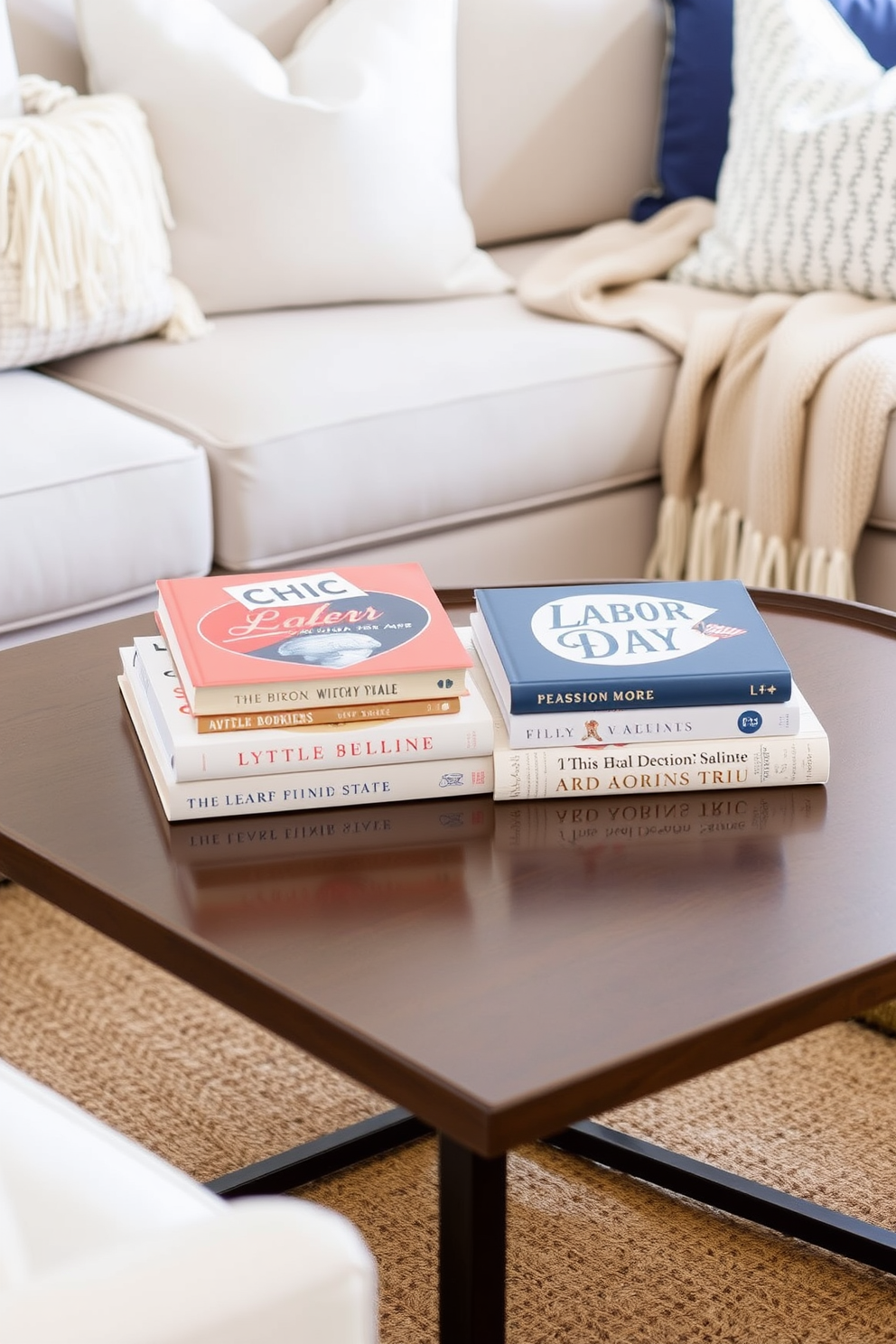 Chic coffee table adorned with seasonal books showcasing Labor Day themes. The table is surrounded by a cozy seating arrangement featuring soft cushions and a warm throw blanket.