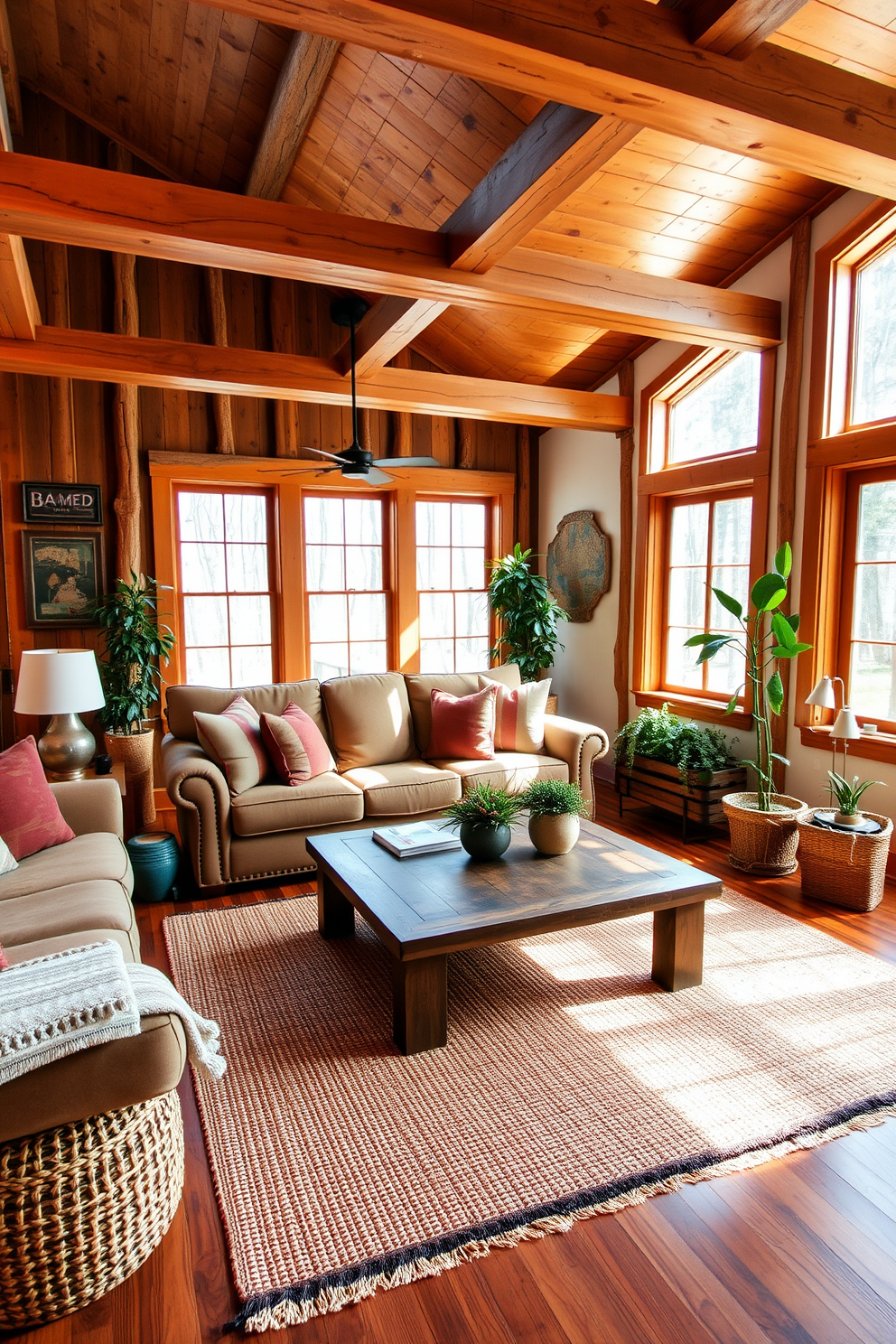 A cozy living room featuring rustic wood accents throughout the space. The furniture includes a comfortable sofa adorned with earthy-toned cushions and a reclaimed wood coffee table at the center. Natural light pours in through large windows, highlighting the exposed wooden beams on the ceiling. A woven rug adds texture to the hardwood floor, while potted plants bring a touch of greenery to the decor.