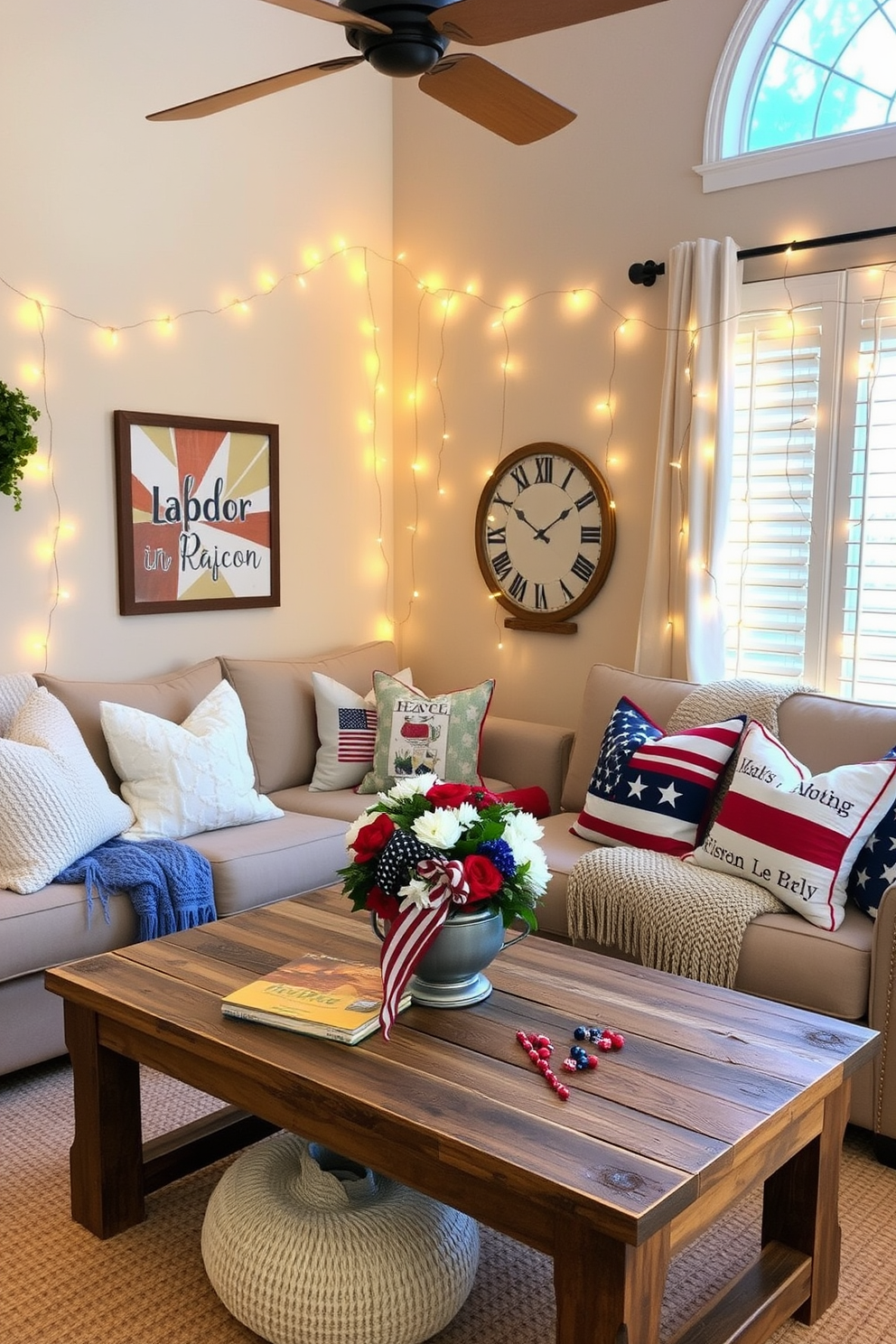 A cozy living room adorned with string lights creates an inviting atmosphere perfect for relaxation. The warm glow from the lights complements the soft textures of plush cushions and a knitted throw on a comfortable sofa. For Labor Day, incorporate seasonal decor with a touch of patriotism. A rustic coffee table is adorned with a small arrangement of red, white, and blue flowers, while a few decorative pillows add a festive touch to the space.