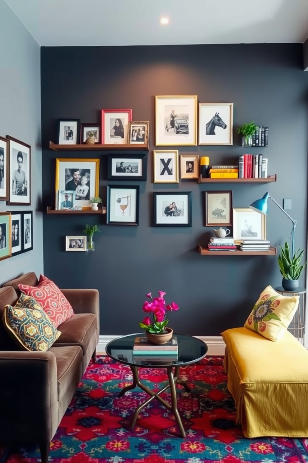 A small living room features an accent wall adorned with a gallery of framed artwork and photographs that reflect personal style. Floating shelves are installed to display decorative items and books, maximizing the use of vertical space while adding visual interest. The seating arrangement includes a cozy sofa paired with colorful throw pillows and a stylish coffee table that complements the decor. A vibrant area rug anchors the space, tying together the color palette and creating a warm, inviting atmosphere.