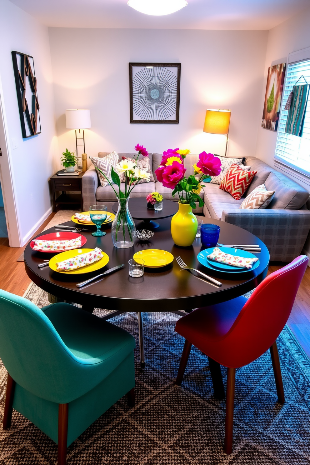 A vibrant table setting featuring a mix of colorful plates and mismatched cutlery creates a playful atmosphere for casual gatherings. Fresh flowers in a bright vase and cheerful napkins add a touch of whimsy to the overall design. A cozy small living room is designed with a plush sectional sofa and a round coffee table, creating an inviting space for relaxation. Soft throw pillows and a textured rug enhance the comfort while decorative wall art adds personality to the room.