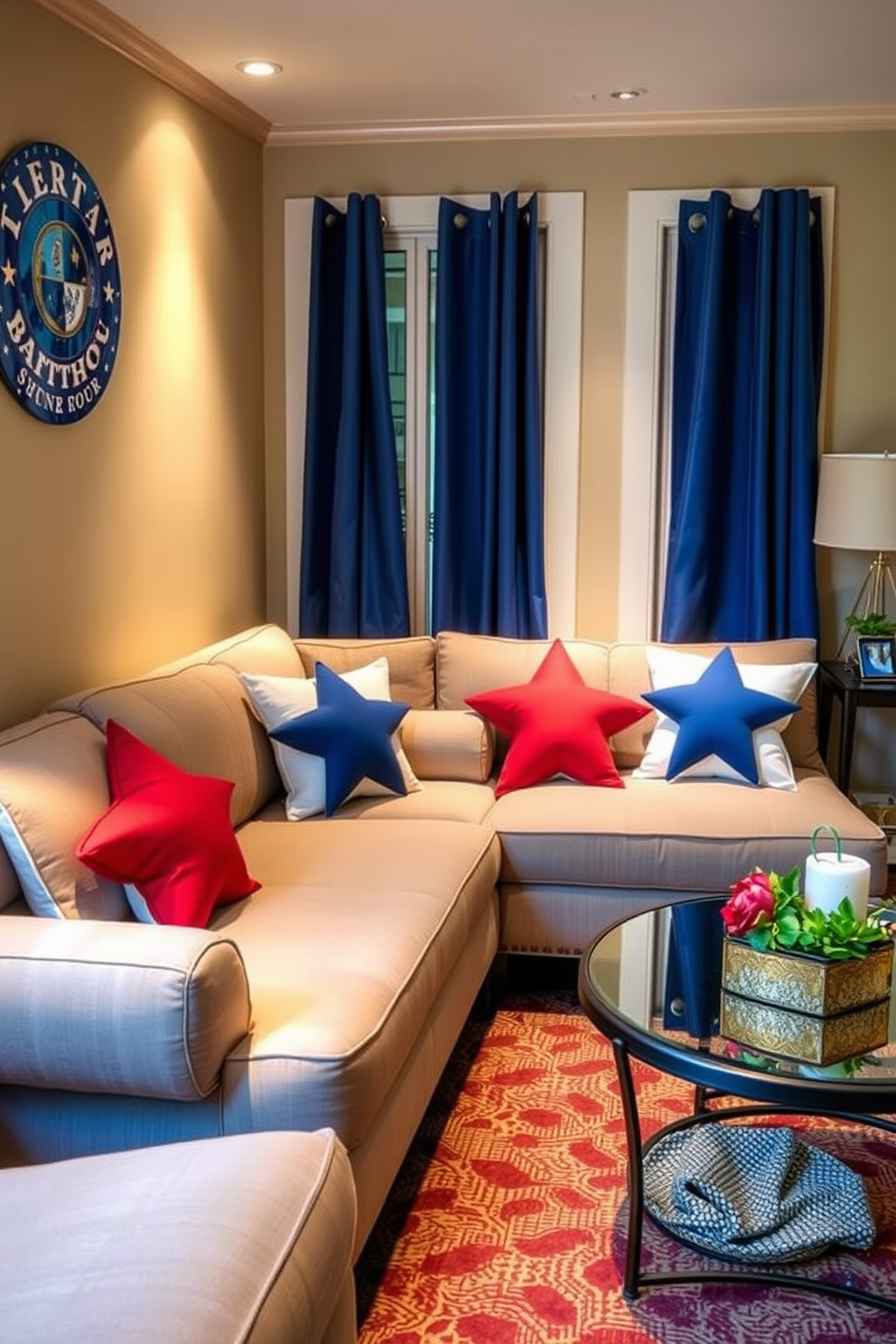 A cozy small living room featuring a stylish couch adorned with star-shaped decorative pillows in vibrant colors. The space is enhanced with a warm color palette and clever use of lighting to create an inviting atmosphere for Labor Day celebrations.