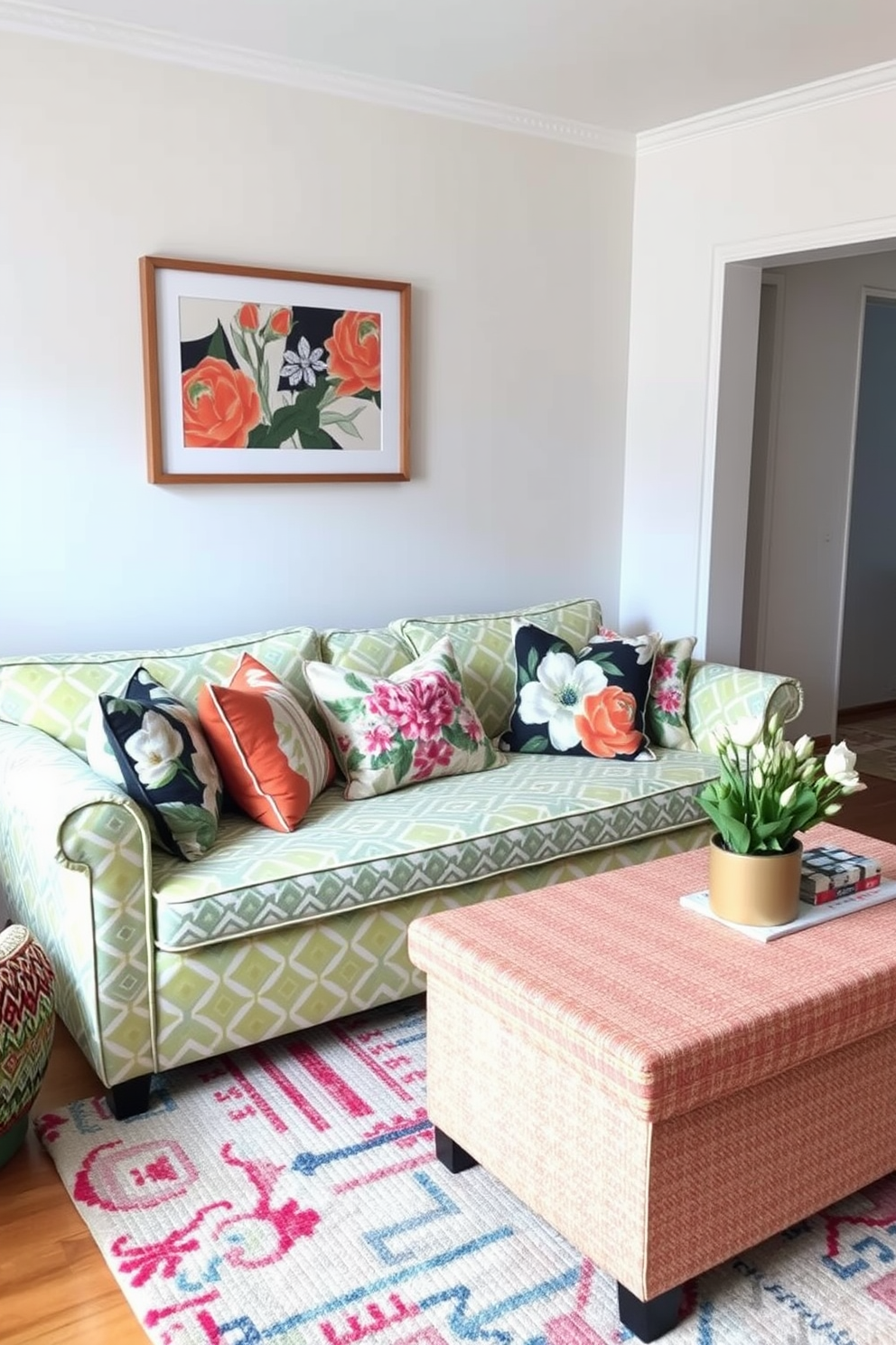 A cozy small living room that creatively mixes patterns for visual interest. The sofa features a vibrant geometric print while the throw pillows showcase floral designs in complementary colors. The walls are painted in a soft neutral tone to balance the bold patterns. A textured area rug anchors the space, incorporating various colors from the furniture and decor.