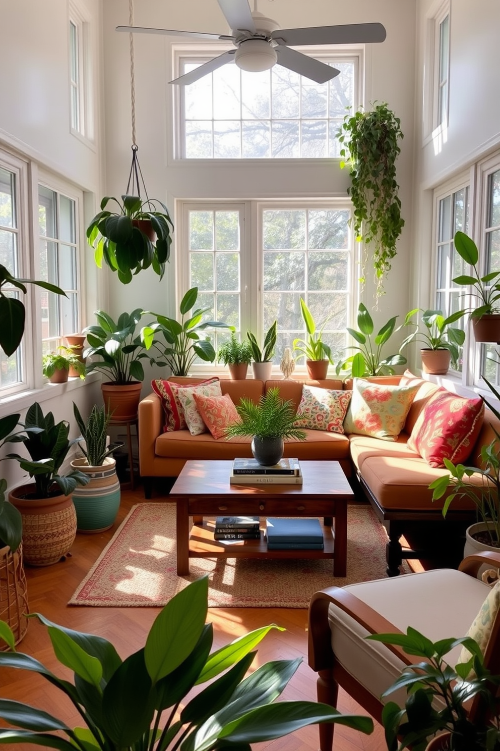 A cozy small living room filled with natural light. Potted plants are strategically placed around the room, adding a fresh air feel and vibrant greenery. The seating area features a comfortable sofa with colorful throw pillows. A wooden coffee table sits in the center, adorned with a few decorative books and a small plant centerpiece.